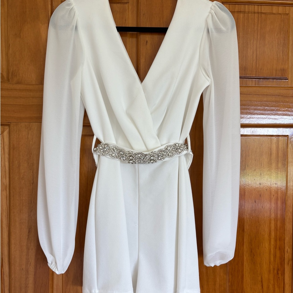 Elegant White Long Sleeve Romper with Embellished Waist